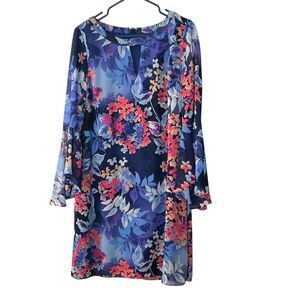 Roz & Ali Women's Floral Print Dress Size 14 Long Sleeve Sheer Overlay Navy Blue